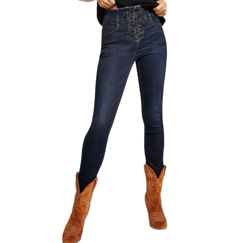 CRVY by Free People Lovers Knot High Waist Lace Up Skinny Jeans Size 27 - Picture 2 of 11